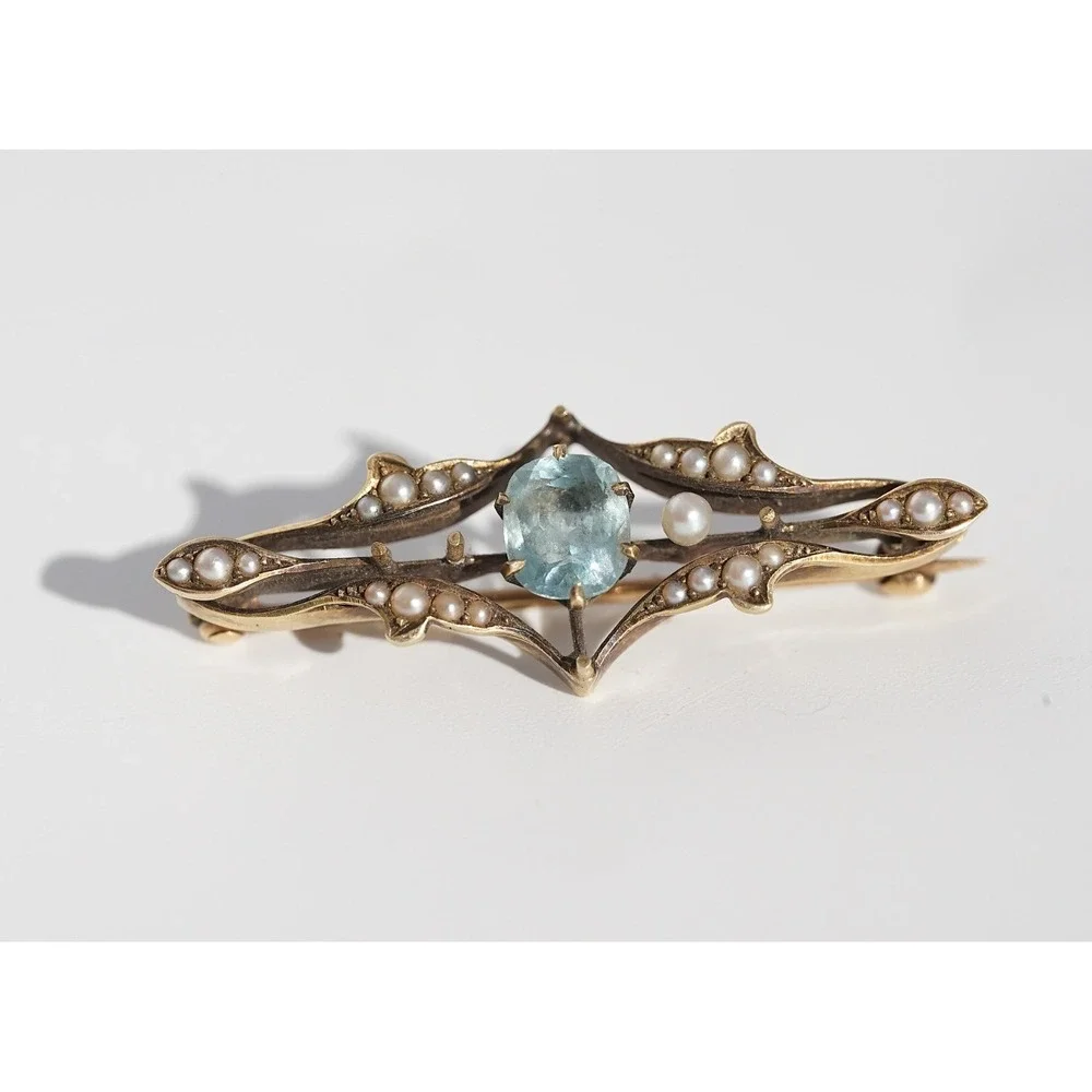 Antique Edwardian 14k Gold Aquamarine Seed Pearl Bar Brooch Art Nouveau c1905 - Picture 6 of 12